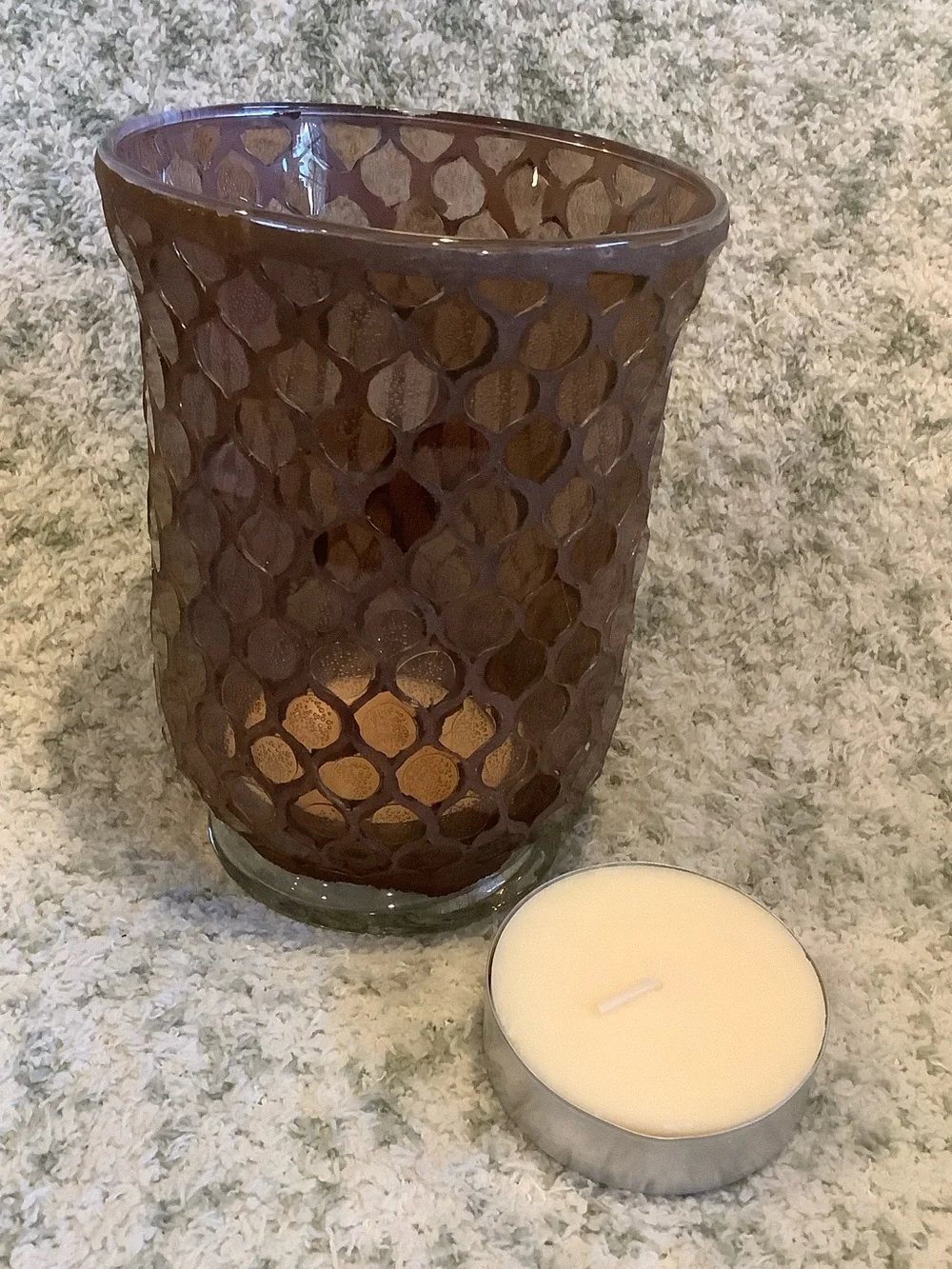 Brown Glass Moroccan Bohemian Romantic Candle Hurricane with 2 xl votives NWT